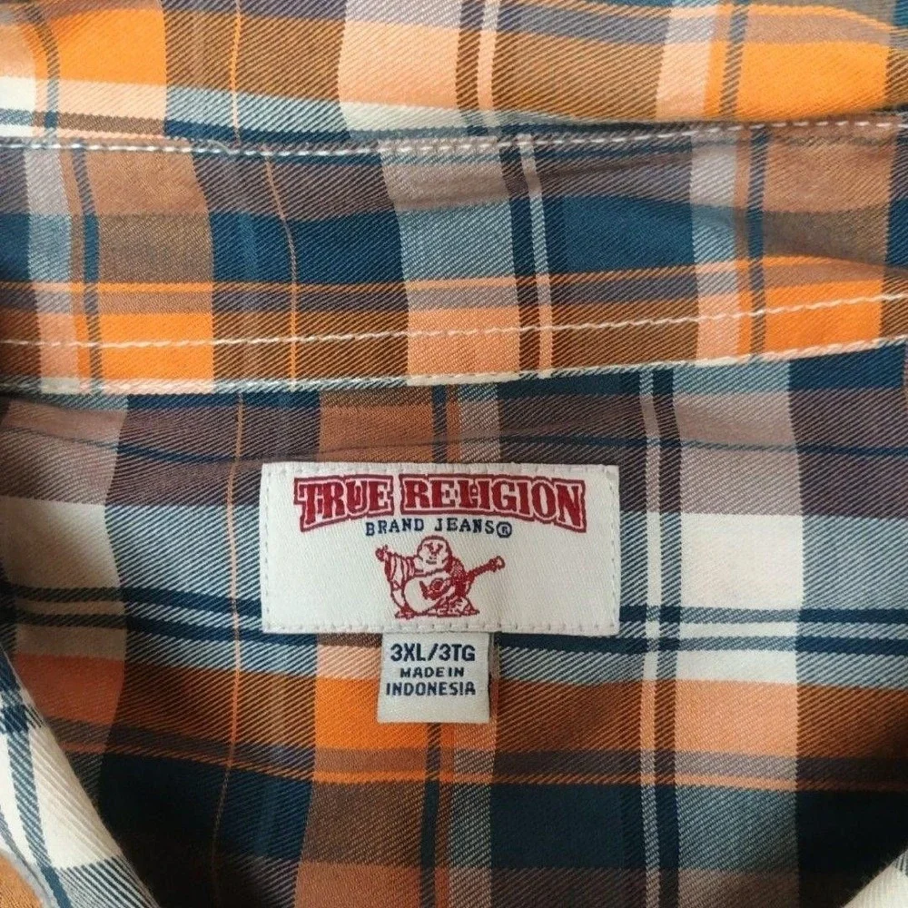 True Religion Shirt Mens 3XL Orange Plaid Button-Up Long Sleeve School Work